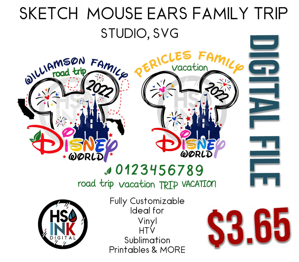 HS INK Digital Sketch Mouse Ears with World Castle Family Trip